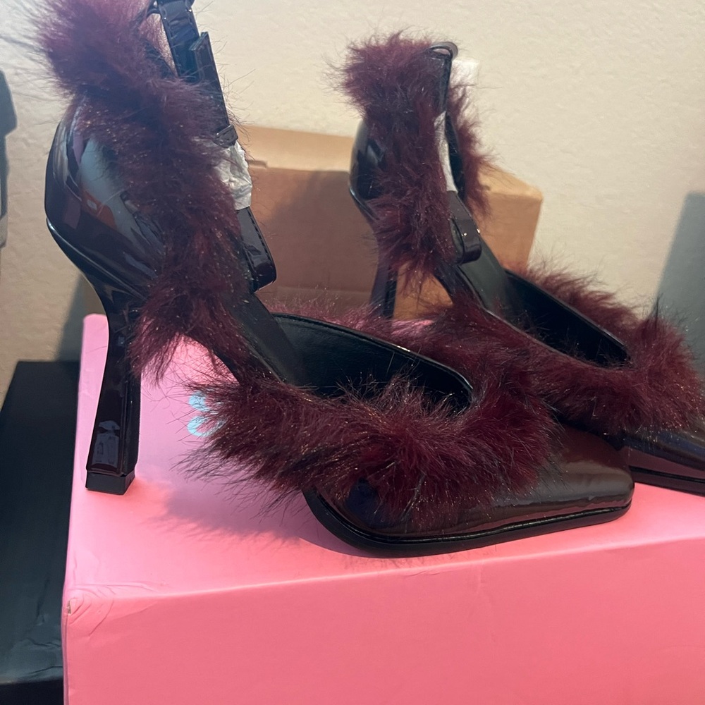 Dolls Kill Burgundy Fur-Trimmed Heels - Picture 2 of 3